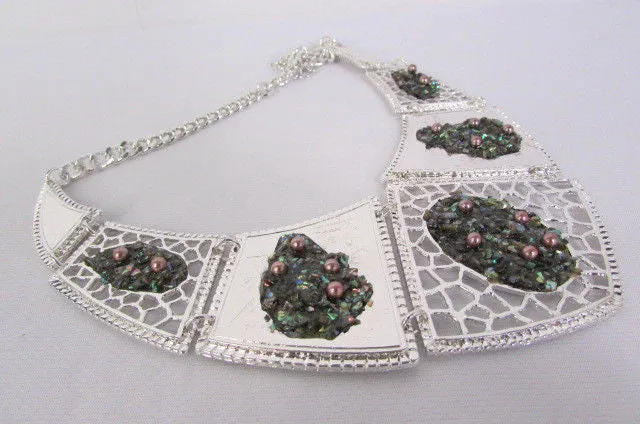 Silver Or Gold Stones Metal Plates Classic Necklace Earrings Set