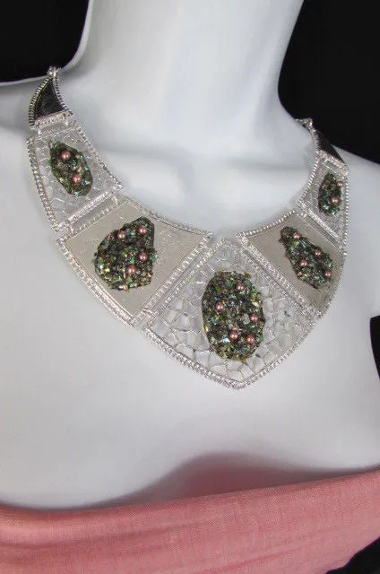 Silver Or Gold Stones Metal Plates Classic Necklace Earrings Set