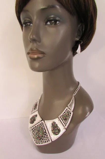Silver Or Gold Stones Metal Plates Classic Necklace Earrings Set