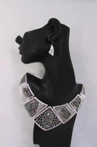 Silver Or Gold Stones Metal Plates Classic Necklace Earrings Set