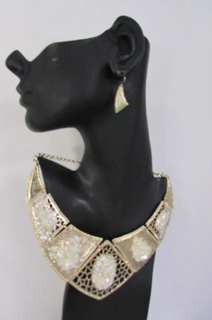 Silver Or Gold Stones Metal Plates Classic Necklace Earrings Set