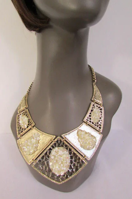 Silver Or Gold Stones Metal Plates Classic Necklace Earrings Set