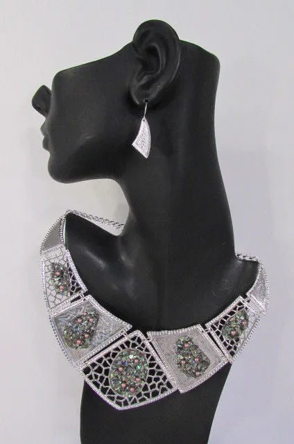 Silver Or Gold Stones Metal Plates Classic Necklace Earrings Set