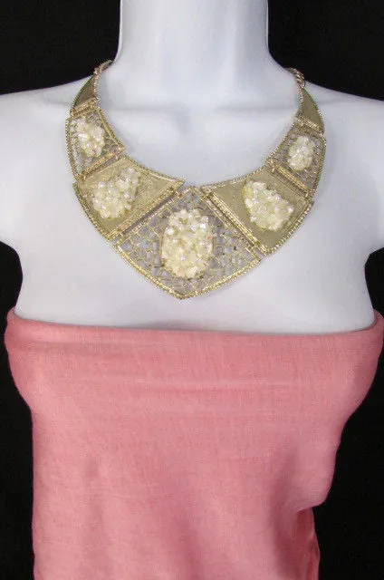 Silver Or Gold Stones Metal Plates Classic Necklace Earrings Set