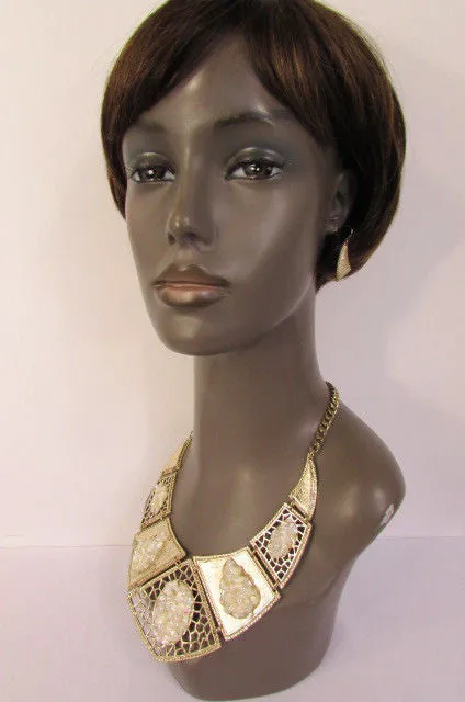 Silver Or Gold Stones Metal Plates Classic Necklace Earrings Set