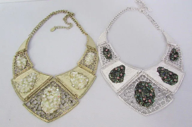 Silver Or Gold Stones Metal Plates Classic Necklace Earrings Set