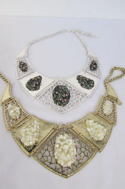 Silver Or Gold Stones Metal Plates Classic Necklace Earrings Set