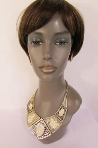 Silver Or Gold Stones Metal Plates Classic Necklace Earrings Set