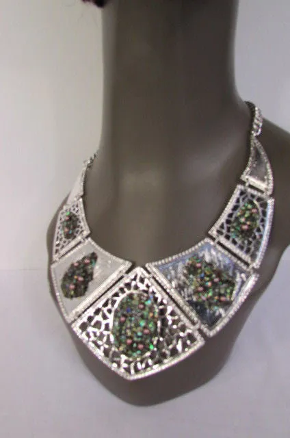Silver Or Gold Stones Metal Plates Classic Necklace Earrings Set