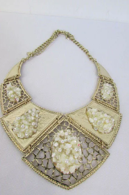 Silver Or Gold Stones Metal Plates Classic Necklace Earrings Set