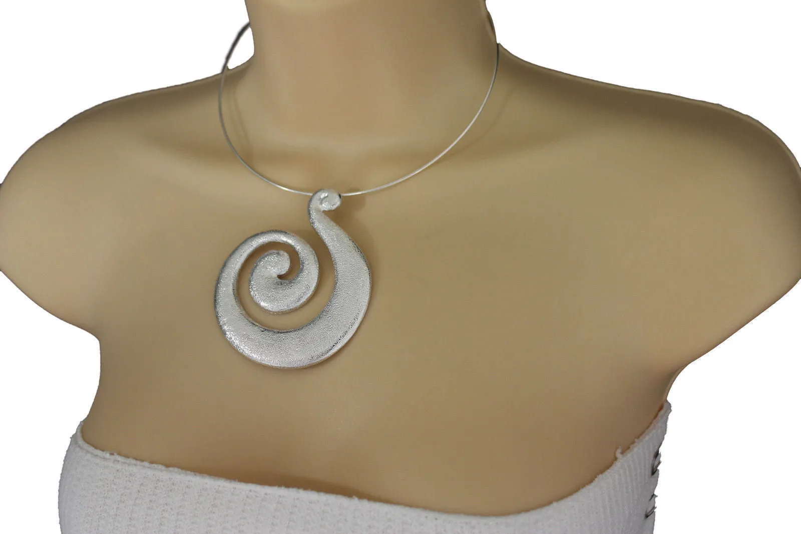 Silver Pewter Black Choker Thin Metal Snail Spin Swirl Charm Necklace Earrings Set