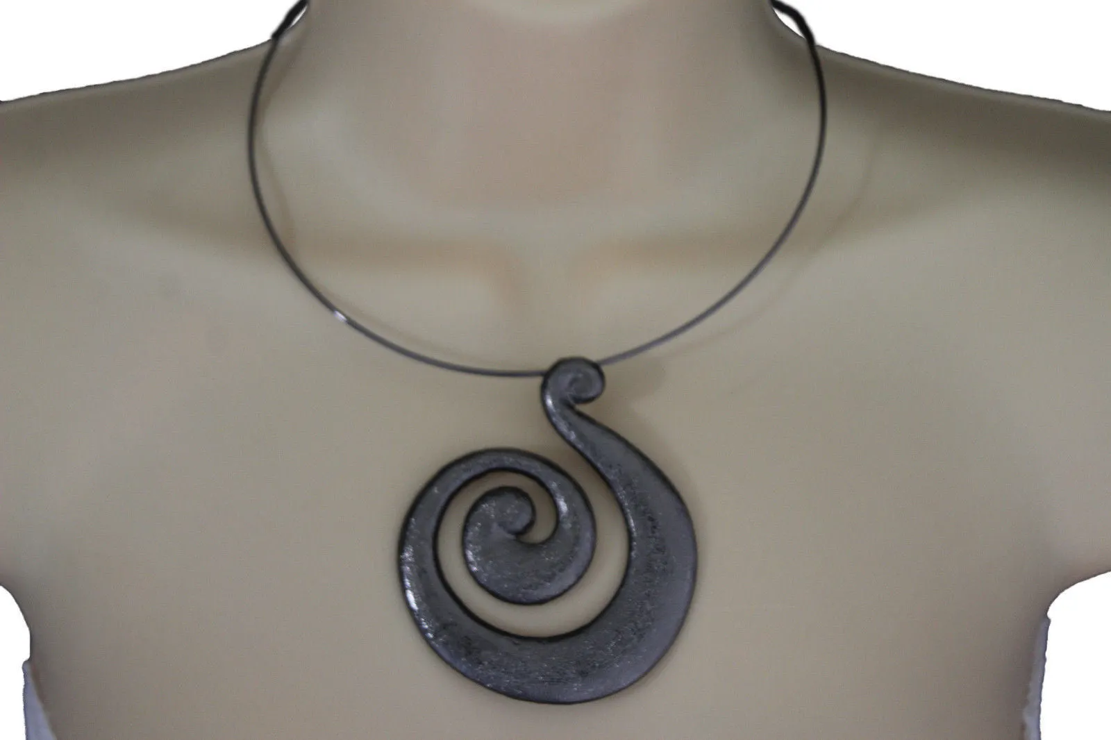 Silver Pewter Black Choker Thin Metal Snail Spin Swirl Charm Necklace Earrings Set
