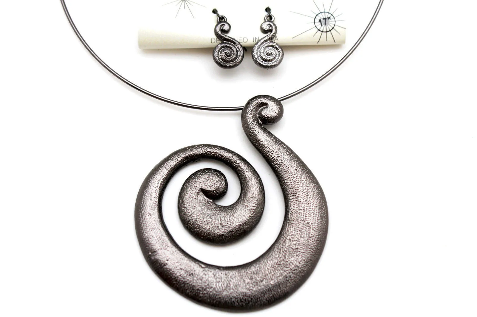 Silver Pewter Black Choker Thin Metal Snail Spin Swirl Charm Necklace Earrings Set