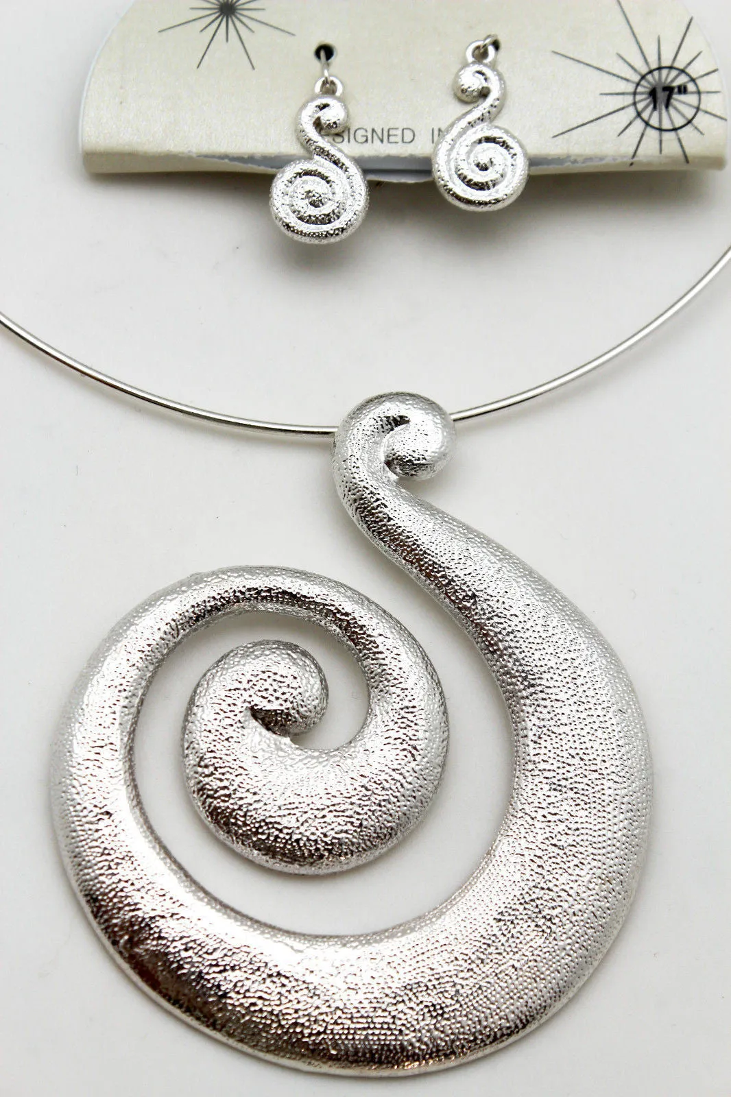 Silver Pewter Black Choker Thin Metal Snail Spin Swirl Charm Necklace Earrings Set