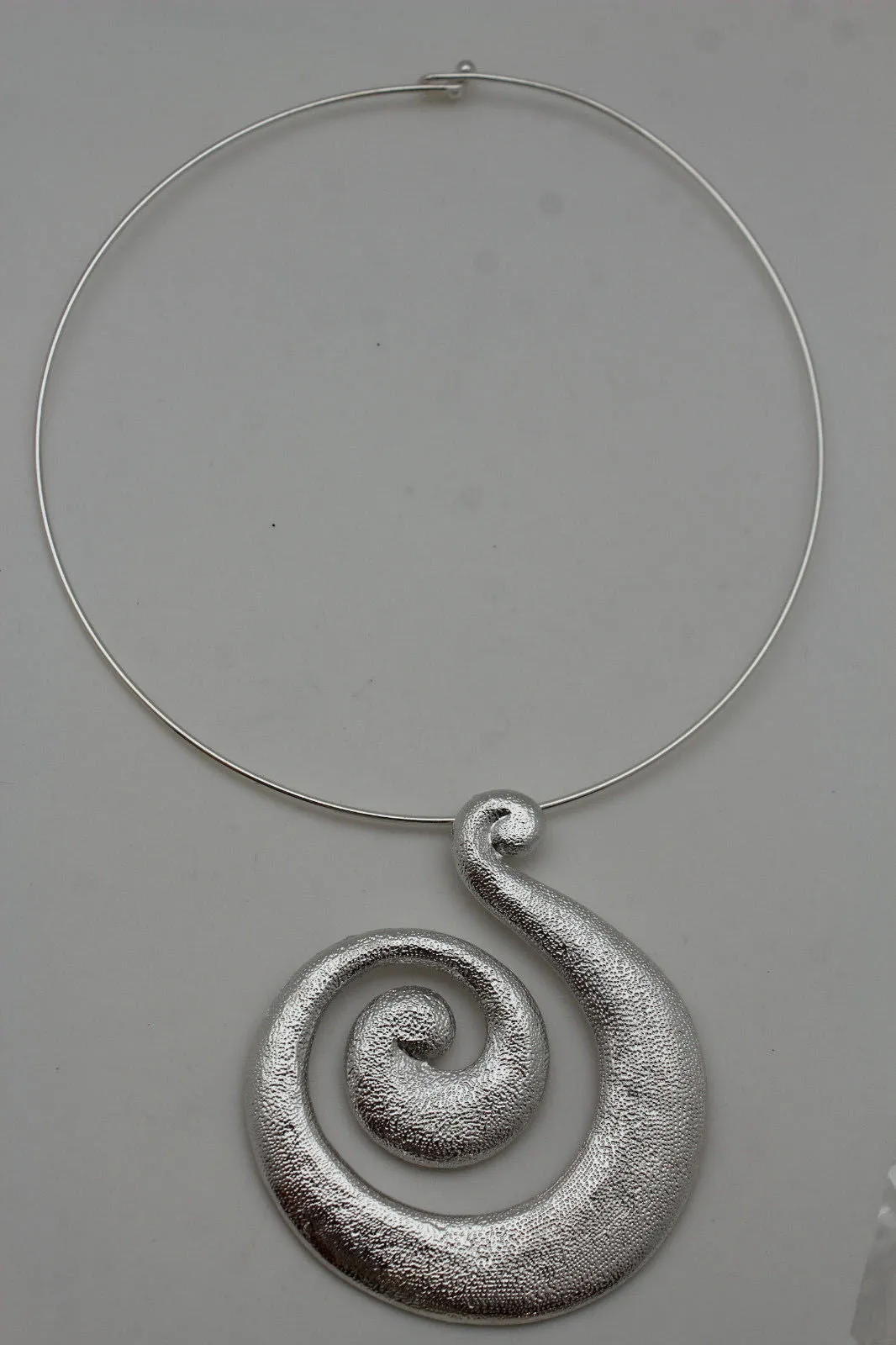 Silver Pewter Black Choker Thin Metal Snail Spin Swirl Charm Necklace Earrings Set