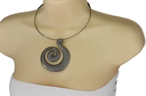Silver Pewter Black Choker Thin Metal Snail Spin Swirl Charm Necklace Earrings Set