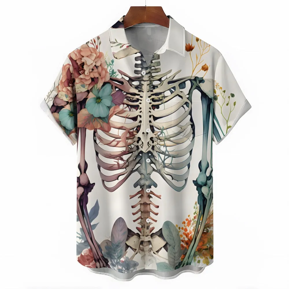 Skull Floral Pocket Casual Hawaiian Printed Short Sleeve Shirt 2408005245