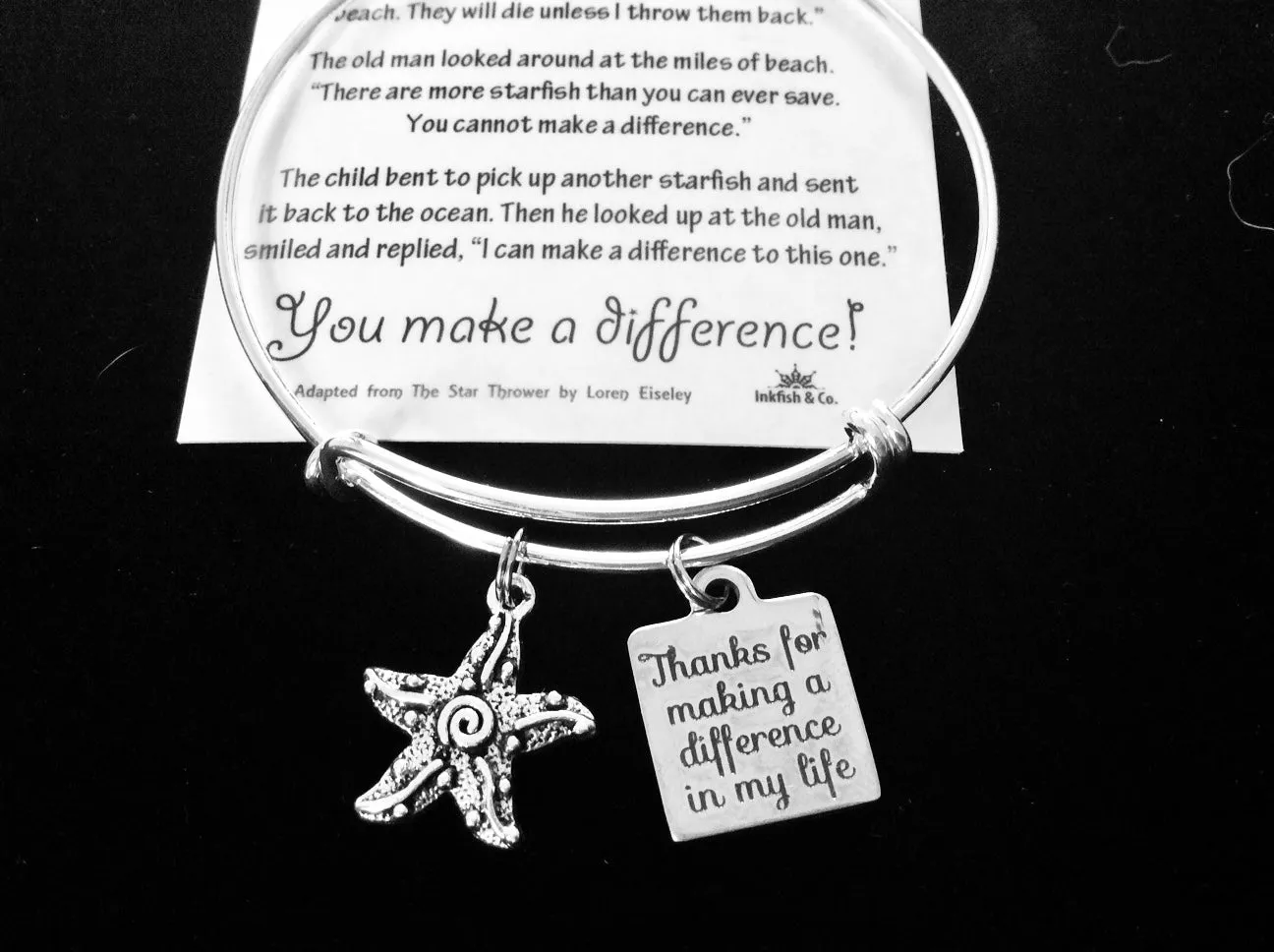 Starfish Story Jewelry Thank you Charm Bracelet Adjustable Bangle One Size Fits All Gift Personalization (Plus Free Starfish Story Card)
