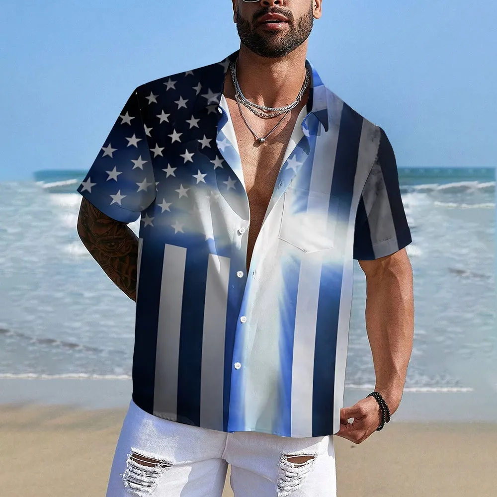 Stars and Stripes Cross Printed Casual Short Sleeve Shirt 2408002678