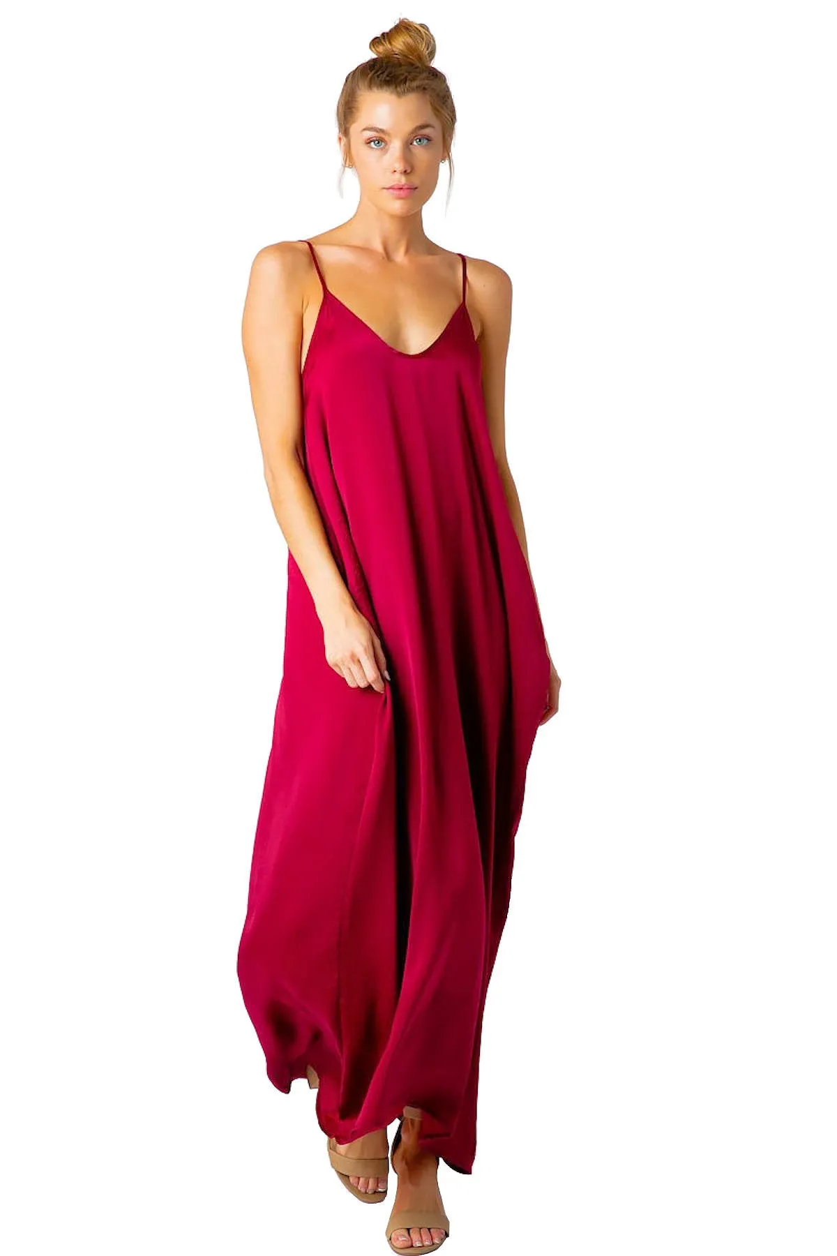 Summer Dress Washed Satin Balloon Bottom Spagetti Strap Cover Up Maxi