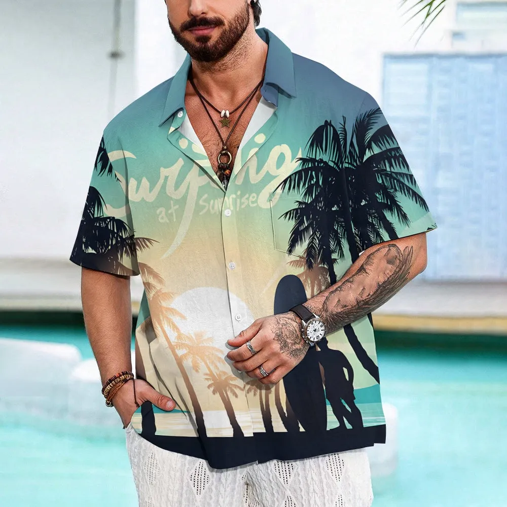 Surfer Sunshine Silhouette Print Casual Short Sleeve Shirt 2501002539