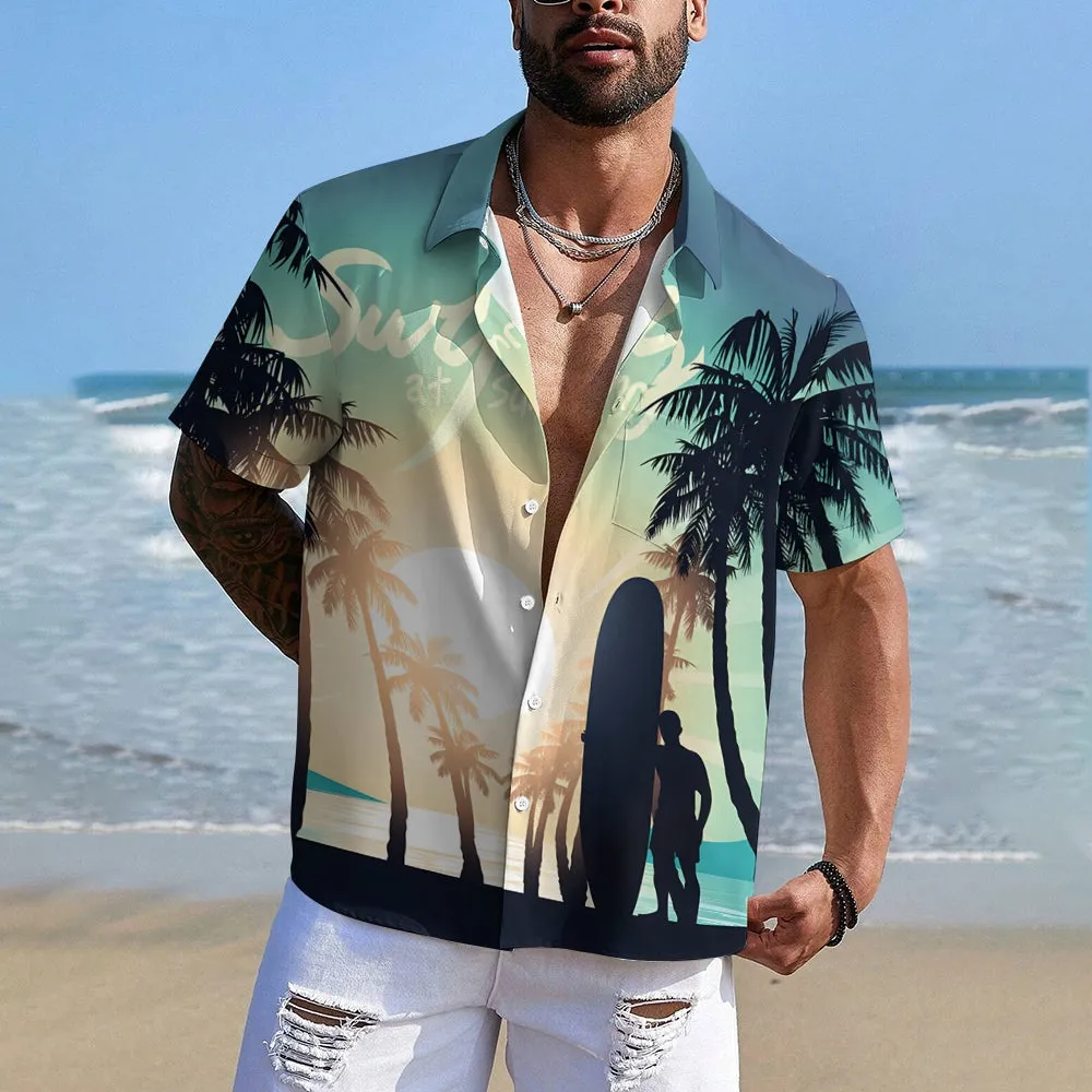 Surfer Sunshine Silhouette Print Casual Short Sleeve Shirt 2501002539
