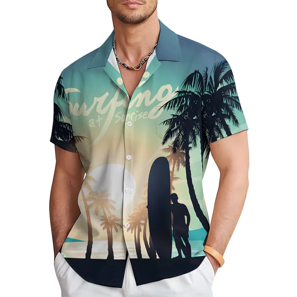Surfer Sunshine Silhouette Print Casual Short Sleeve Shirt 2501002539