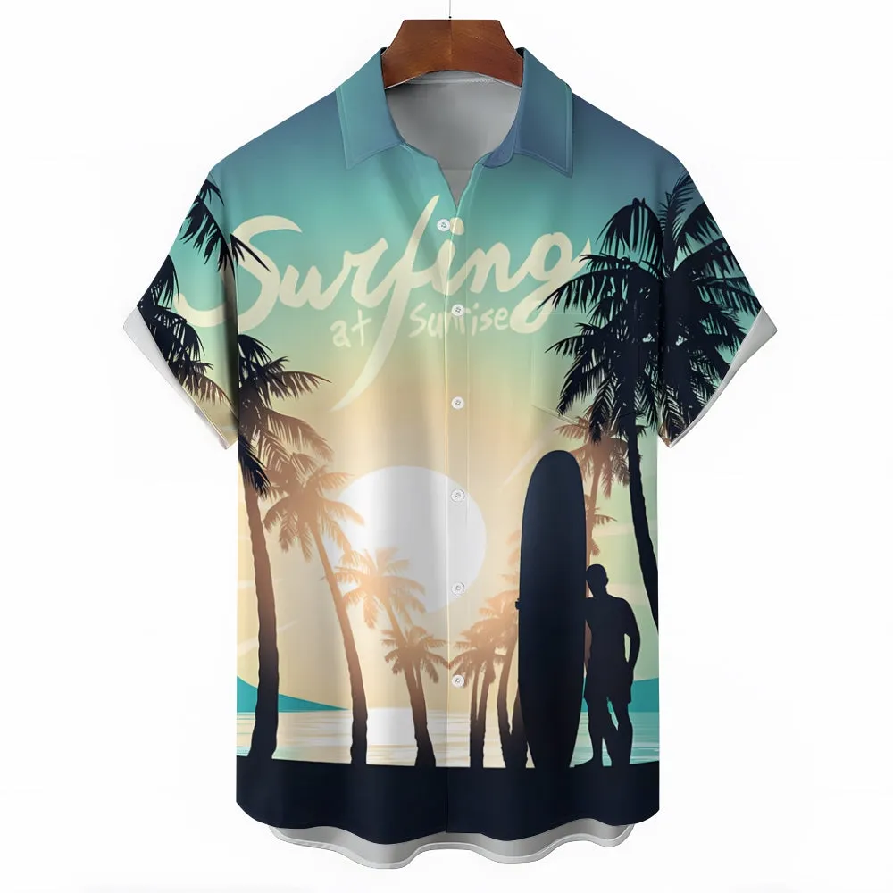 Surfer Sunshine Silhouette Print Casual Short Sleeve Shirt 2501002539