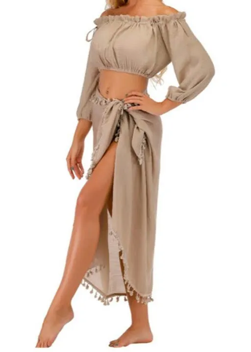 Tellsa Beige Tassel Two Piece Skirt Cover-up