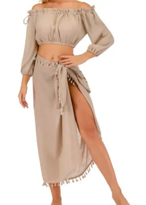 Tellsa Beige Tassel Two Piece Skirt Cover-up