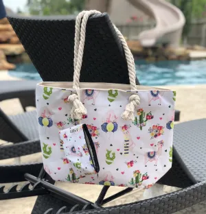 Tote Bag with Zipper Pouch - White Llama Cactus Print