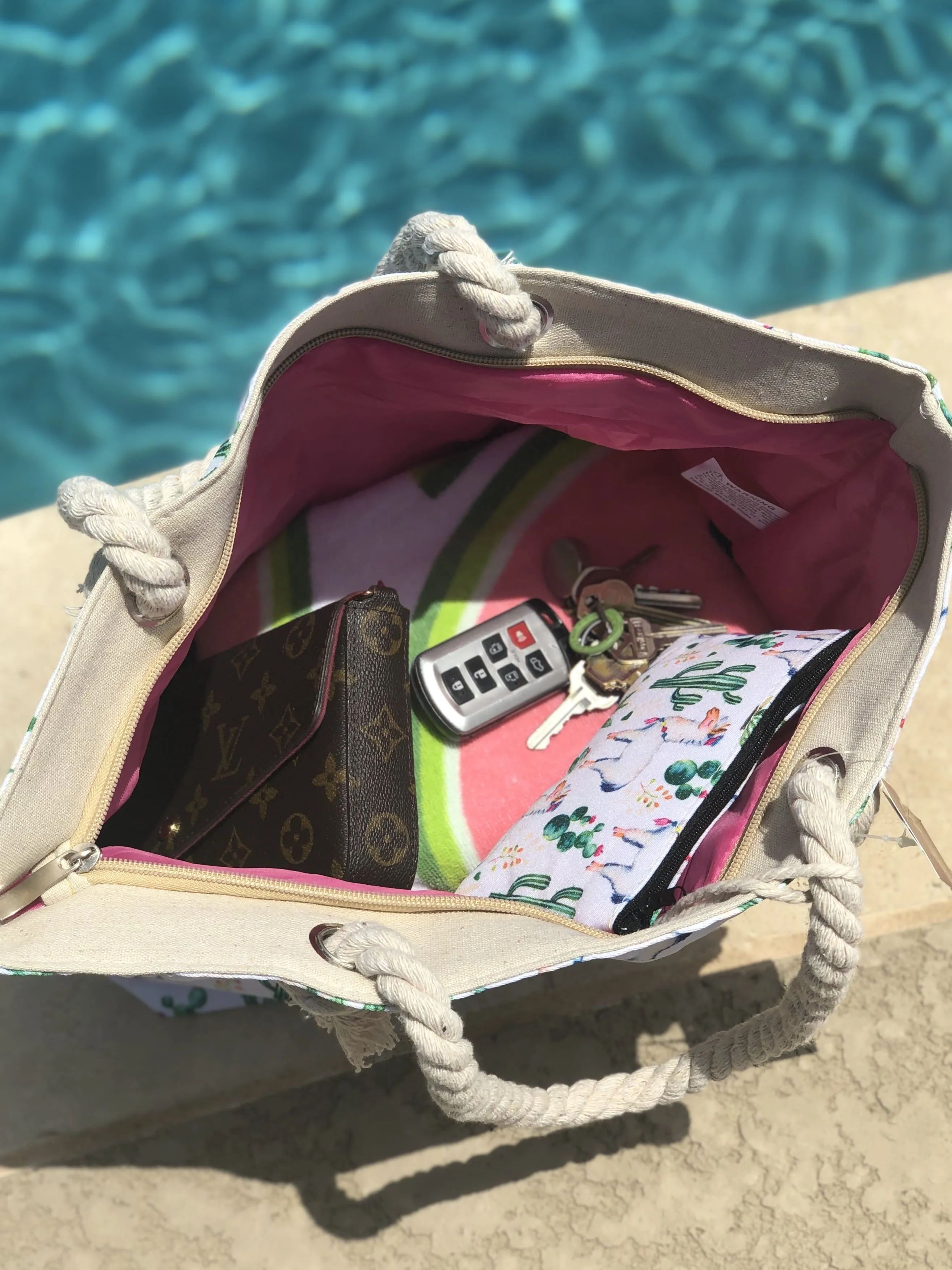 Tote Bag with Zipper Pouch - White Llama Cactus Print