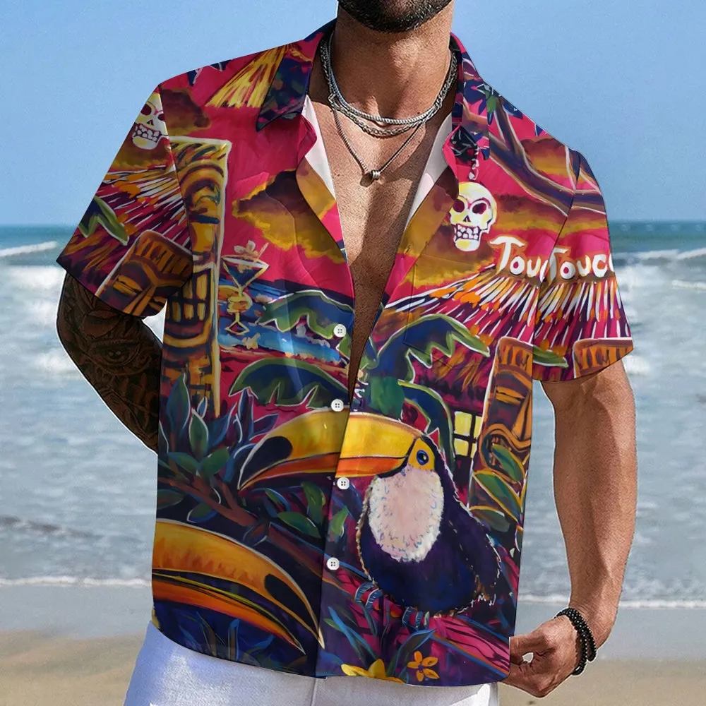 Toucan TIKI Art Printed Casual Large Size Short Sleeve Shirt 2407000587