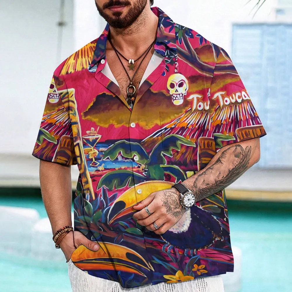 Toucan TIKI Art Printed Casual Large Size Short Sleeve Shirt 2407000587