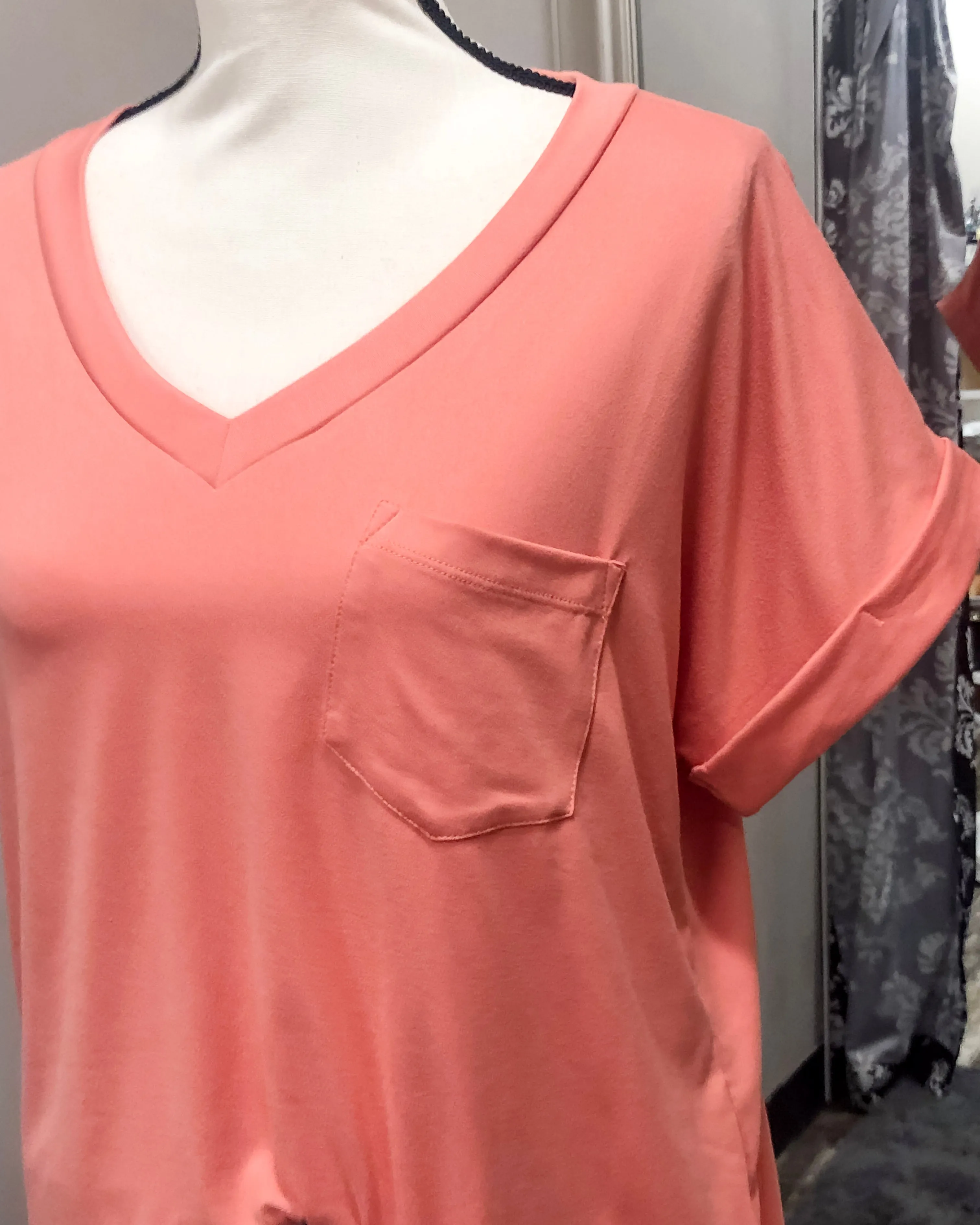 V-Neck Knit Top w/ Pocket - Cantaloupe