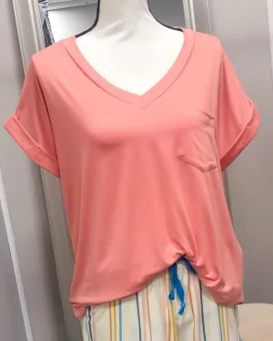 V-Neck Knit Top w/ Pocket - Cantaloupe