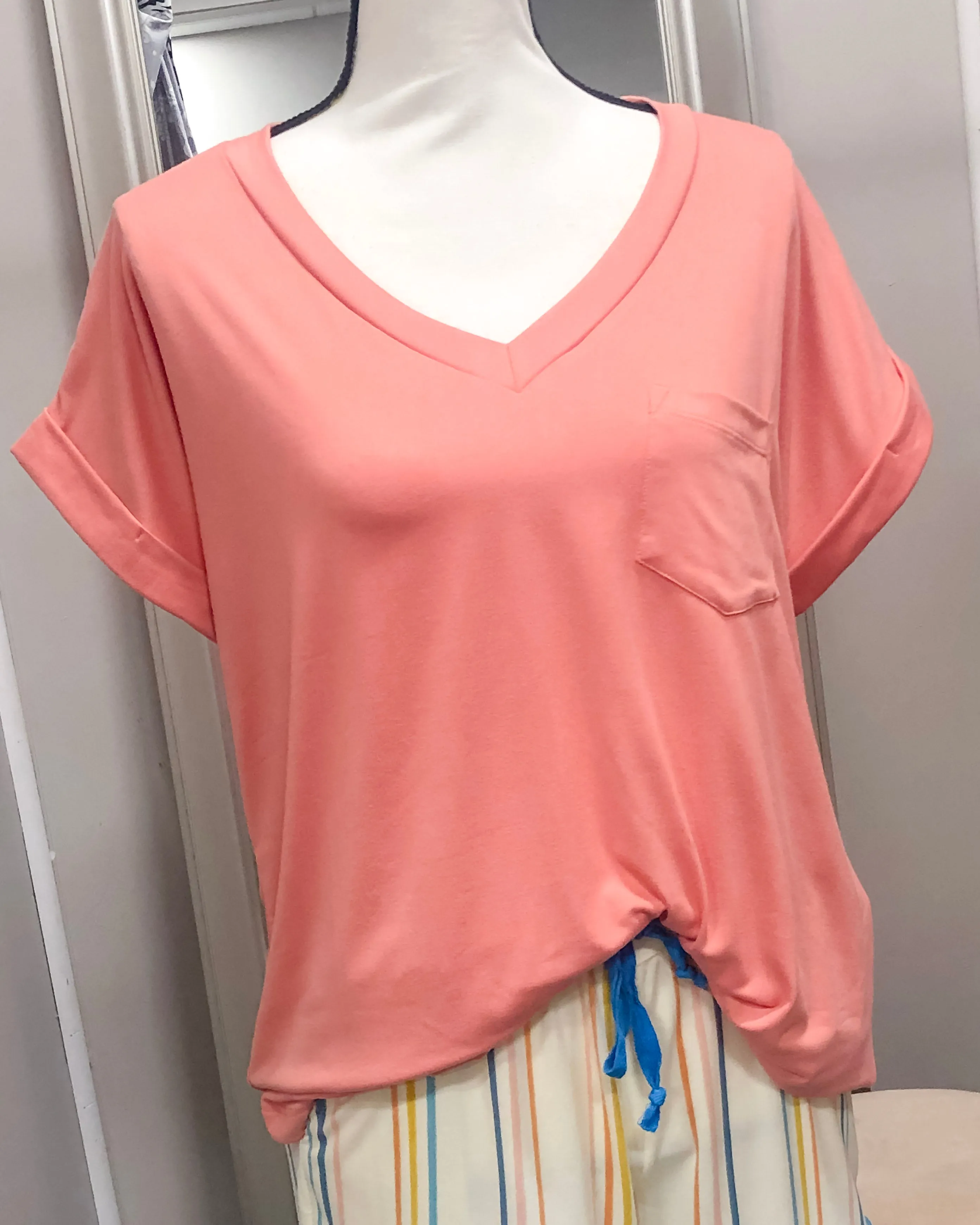 V-Neck Knit Top w/ Pocket - Cantaloupe