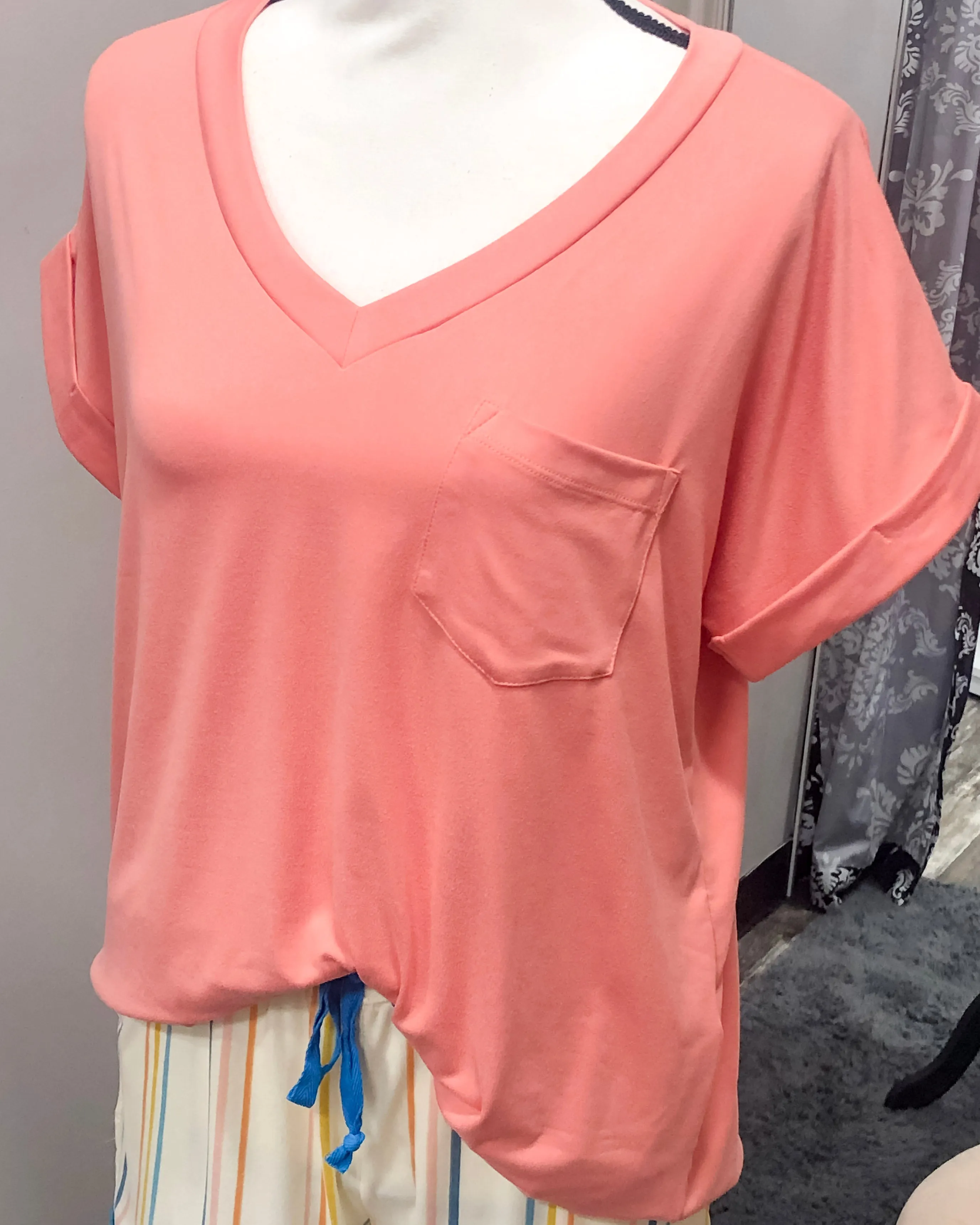 V-Neck Knit Top w/ Pocket - Cantaloupe