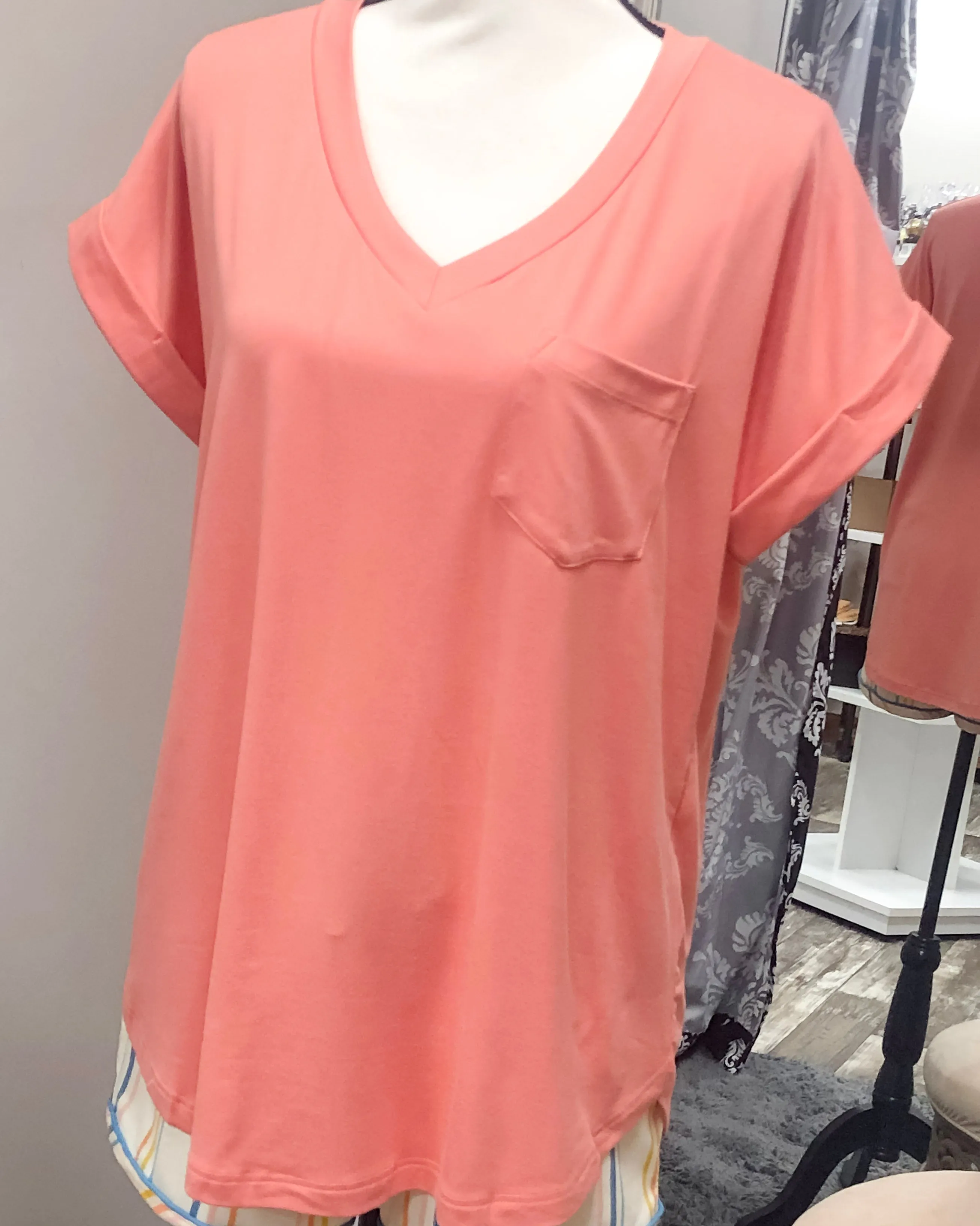 V-Neck Knit Top w/ Pocket - Cantaloupe