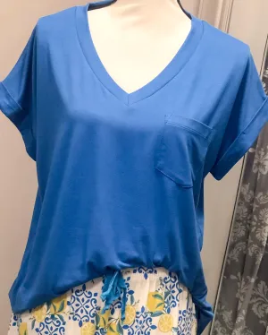 V-Neck Knit Top w/ Pocket - French Blue