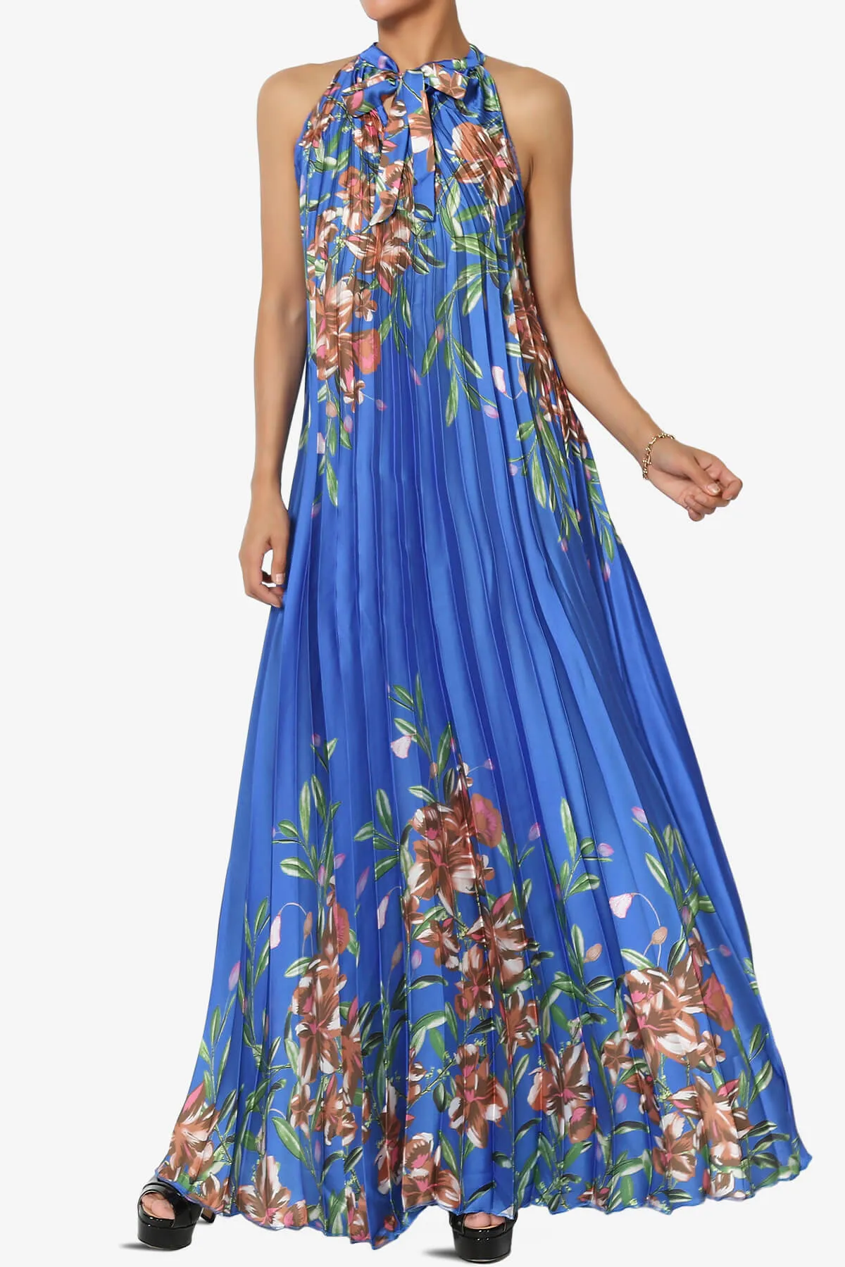 Vivienne Floral Halter Pleated A Line Maxi Dress