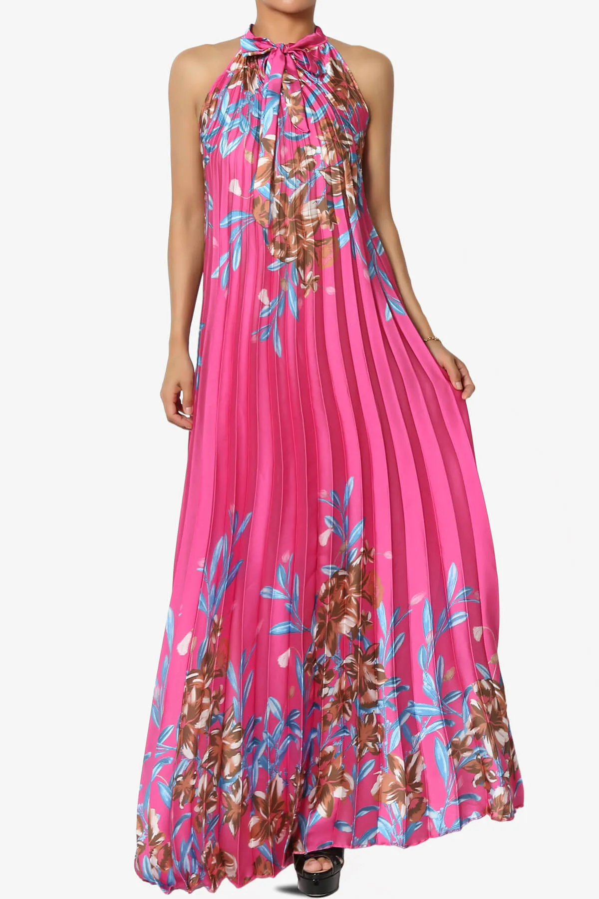 Vivienne Floral Halter Pleated A Line Maxi Dress