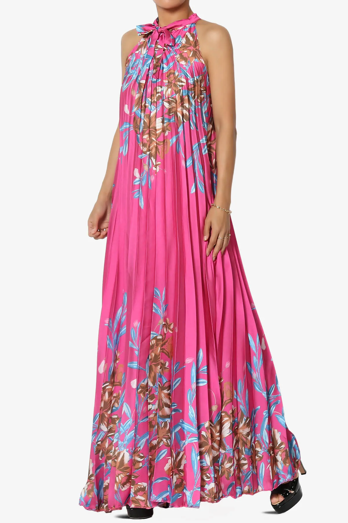 Vivienne Floral Halter Pleated A Line Maxi Dress