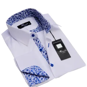 White And Blue Paisley Mens Slim Fit Designer Dress Shirt - tailored Cotton Shirts for Work and Casual Wear