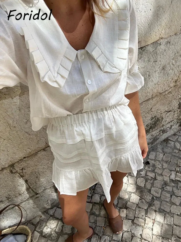 White Cotton Ruffled Top & Skirt Beach Casual Suit