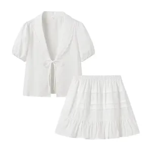 White Cotton Ruffled Top & Skirt Beach Casual Suit