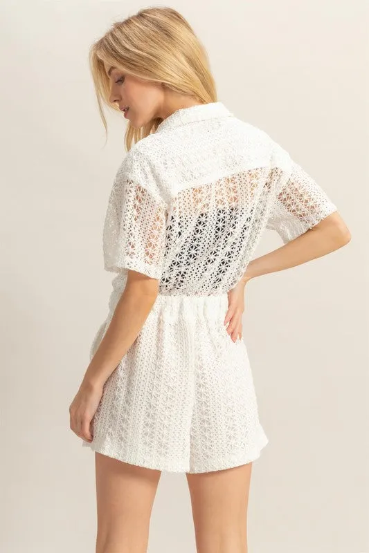 White Crochet Button Front Short Sleeve Romper