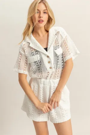 White Crochet Button Front Short Sleeve Romper