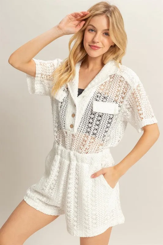White Crochet Button Front Short Sleeve Romper