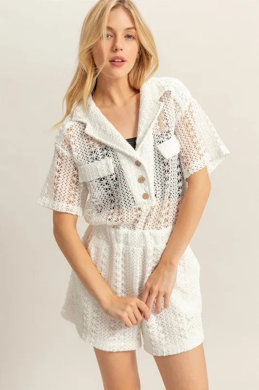 White Crochet Button Front Short Sleeve Romper